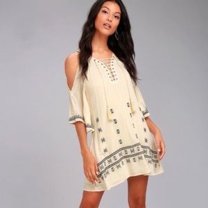 Lulu’s To the Sea Light Beige Embroidered Cold Shoulder